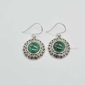 Malachite Earrings: Round Gemstone, 925 Sterling Silver, Boho Style