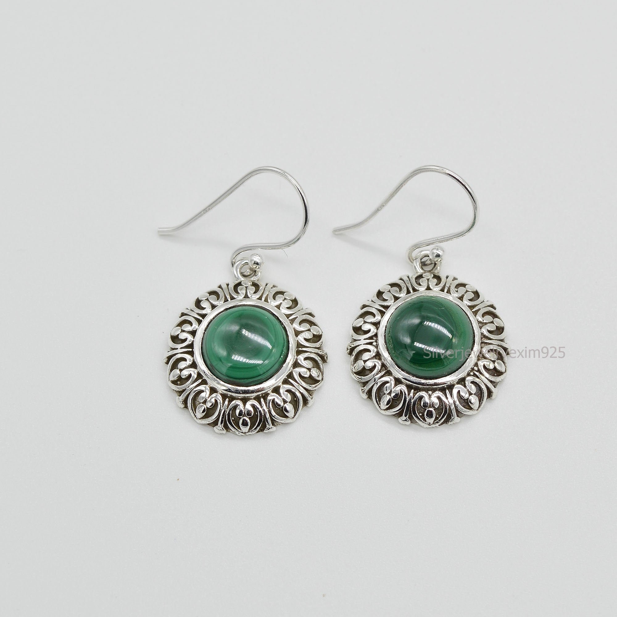 Malachite Earrings: Round Gemstone, 925 Sterling Silver, Boho Style