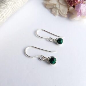 MALACHITE Earrings Sterling Silver, Dainty Wire Wrapped Malachite Earrings, Gift For Her, 14K Gold Filled, 925 Sterling Silver