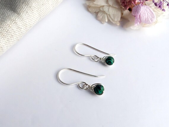 Malachite Earrings Sterling Silver, Dainty Wire Wrapped Malachite Earrings, Gift For Her, 14k Gold Filled, 925 Sterling Silver