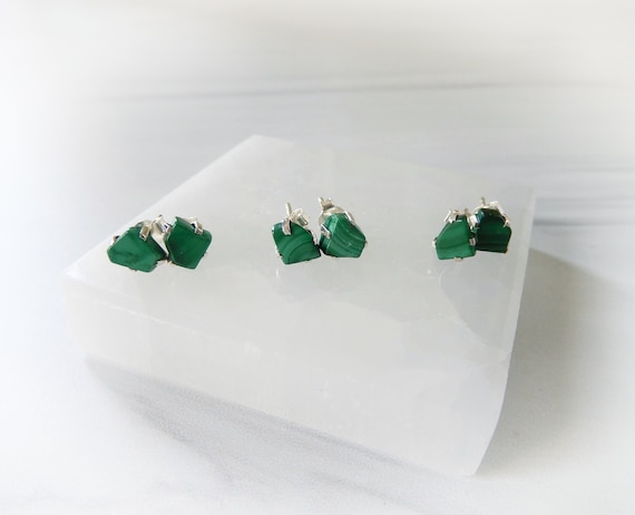 Malachite Earrings Sterling Silver • Gemstone Stud Earrings • Round Gemstone Earrings • Green Malachite Stud Earrings • Affordable Earrings
