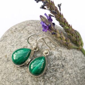 Sterling Silver Malachite Earrings, Large Teardrop Shape Malachite Earrings, Green Gem, Natural Malachite, Dangle Earrings, Big Gem Earrings