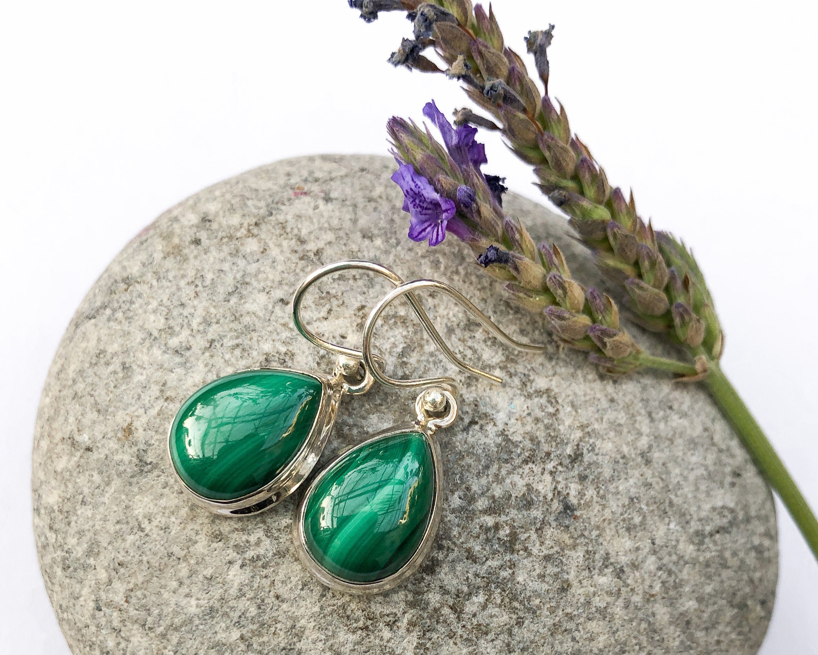 Sterling Silver Malachite Earrings, Large Teardrop Shape Malachite Earrings, Green Gem, Natural Malachite, Dangle Earrings, Big Gem Earrings