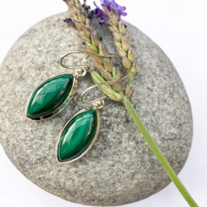 Sterling Silver Marquise Malachite Earrings, Large Long Oval Malachite Earrings, Dangle Big Green Stone Earrings, Green Marquise Earrings