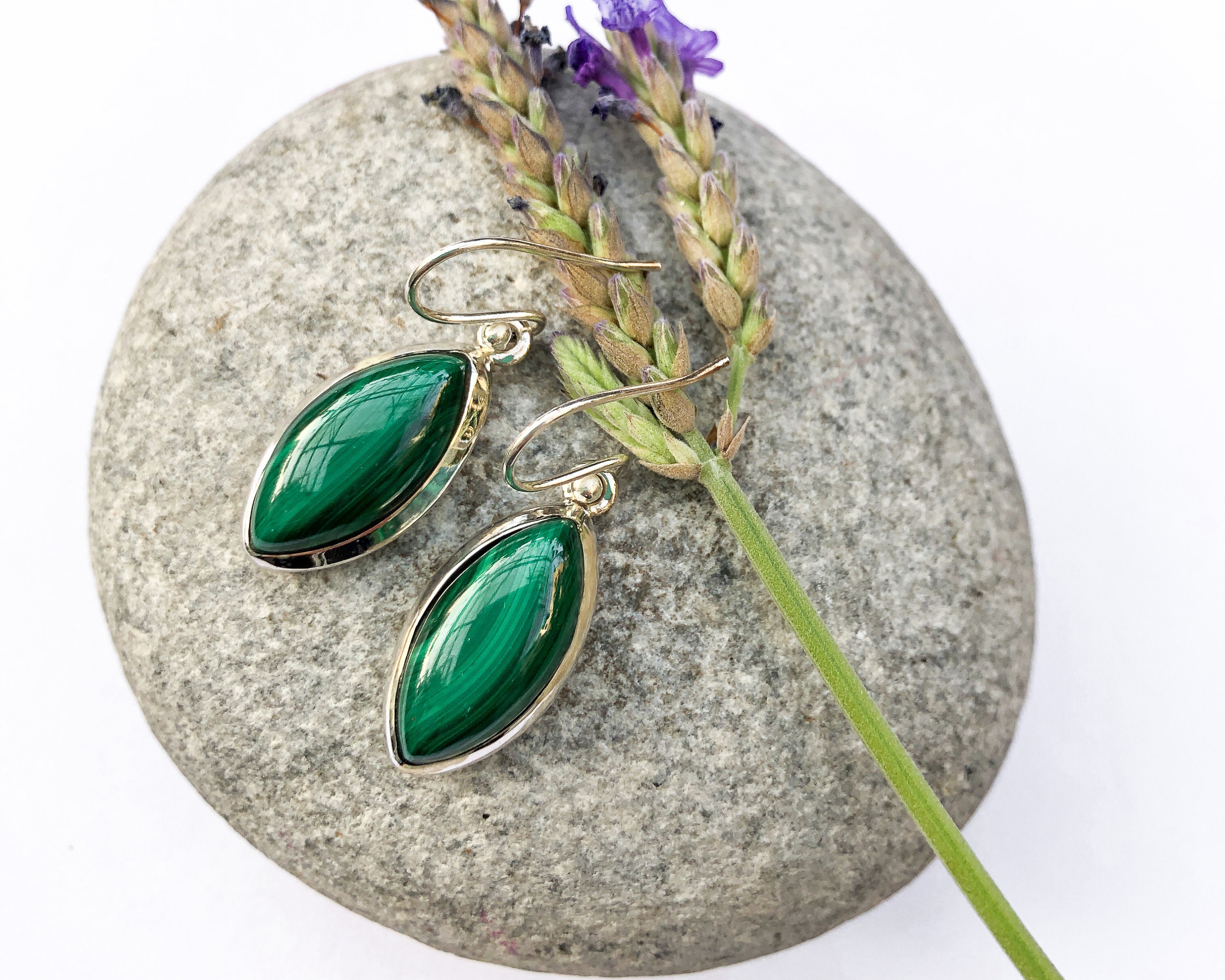 Sterling Silver Marquise Malachite Earrings, Large Long Oval Malachite Earrings, Dangle Big Green Stone Earrings, Green Marquise Earrings