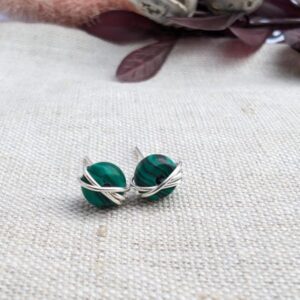 MALACHITE Sterling Silver Stud Earrings, 14K Gold Filled Jewellery, Wire Wrapped, Gift For Her, Dainty Earring Studs