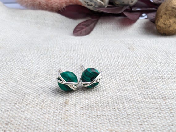 Malachite Sterling Silver Stud Earrings, 14k Gold Filled Jewellery, Wire Wrapped, Gift For Her, Dainty Earring Studs