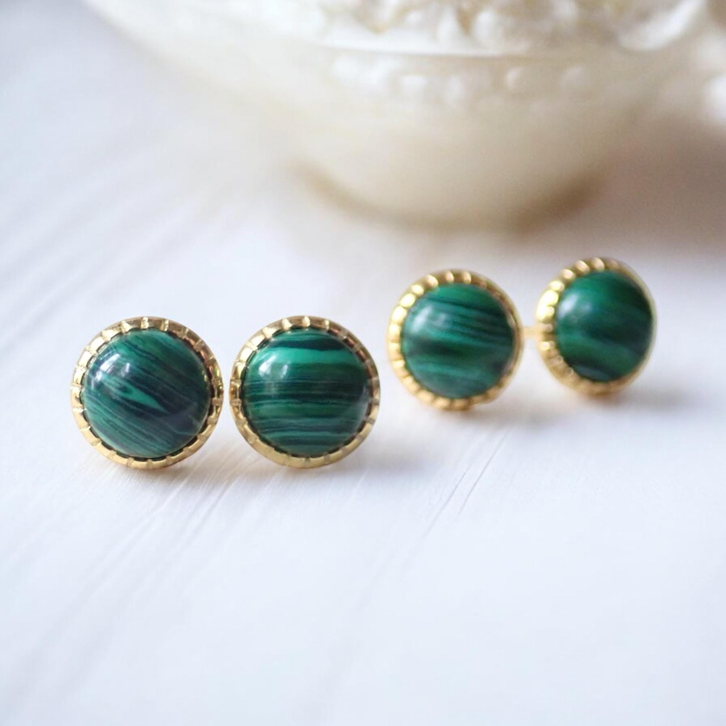 Malachite Stud Earrings Gold • Green Gemstone Posts • Malachite Jewelry • Small Round Stackable Earrings, Malachite Jewelry, Gift For Her