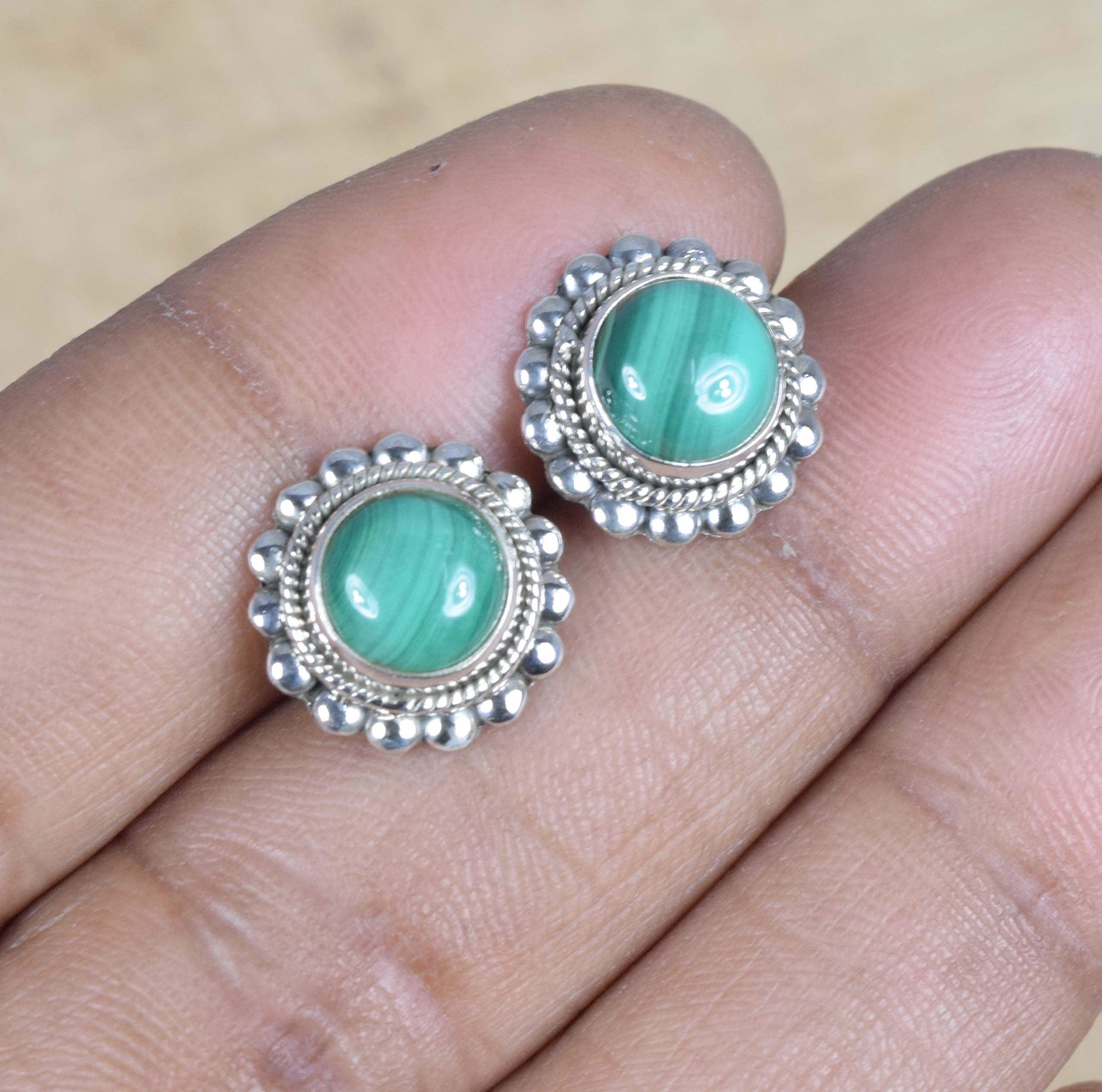 Malachite Stud Earrings: Green Gemstone, 925 Sterling Silver Flower Malachite Stud Earrings: Green Gemstone, 925 Sterling Silver Flower