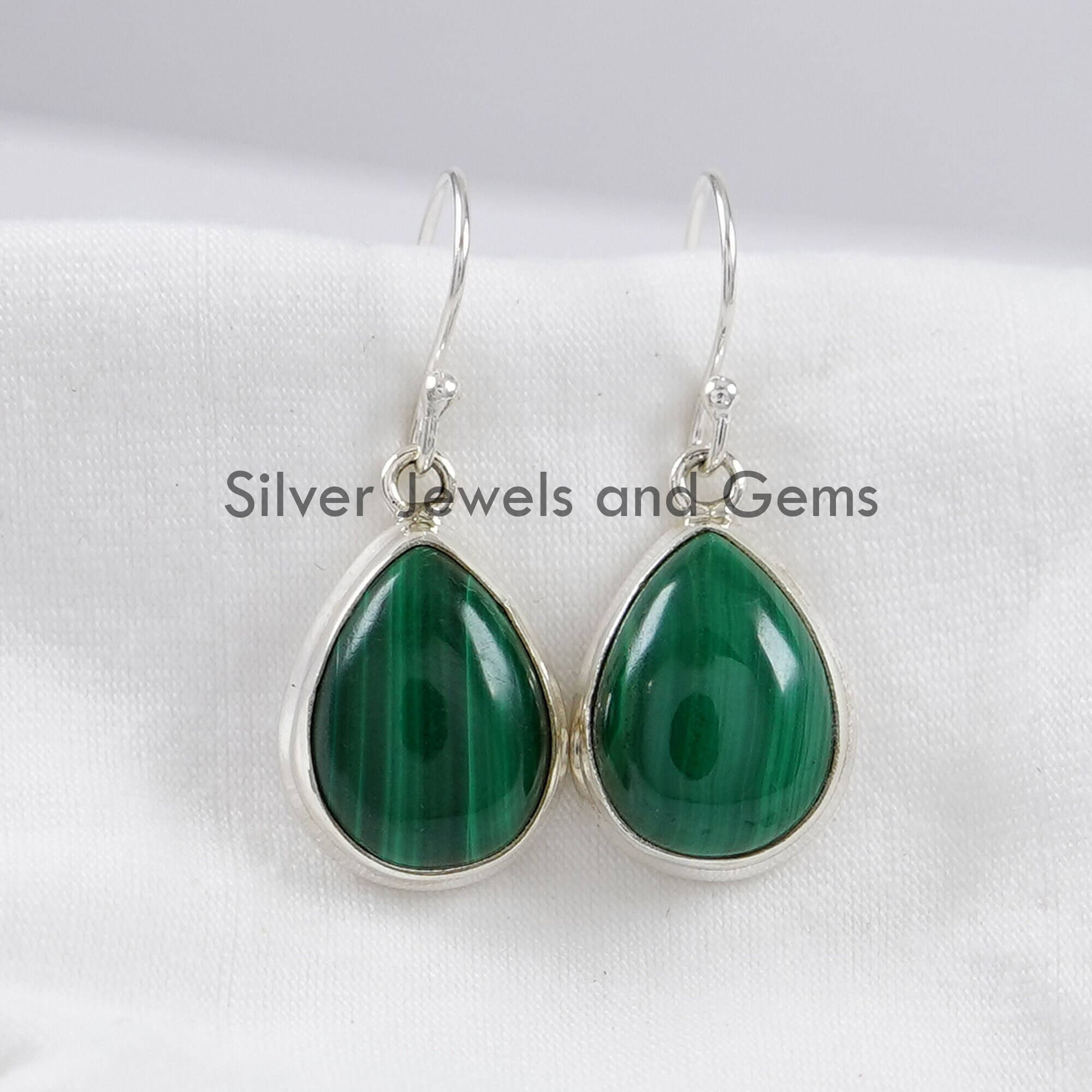 Teardrop Malachite Earrings, 925 Sterling Silver, Green Gemstone Earring