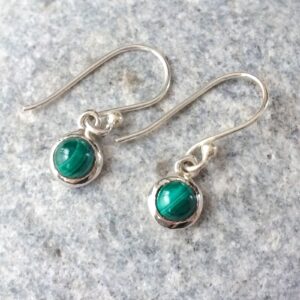 Tiny Round Malachite Earrings, Malachite Sterling Silver Earrings, Dangle Tiny Green Stone Earrings, Small Round Earrings, Malachite Jewelry
