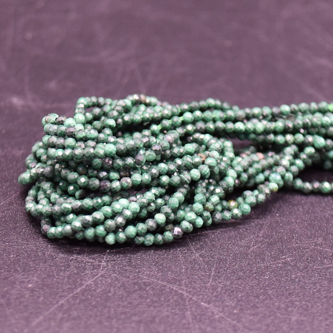 2mm Malachite Gemstone Faceted Round Beads - 15" Strand | Gemstone Beads For Jewellery Making