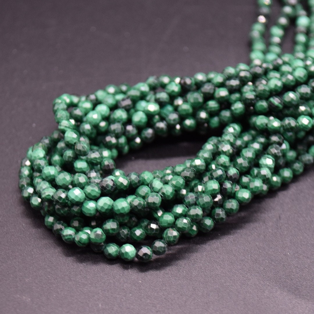 3mm Malachite Gemstone Faceted Round Beads - 15" Strand