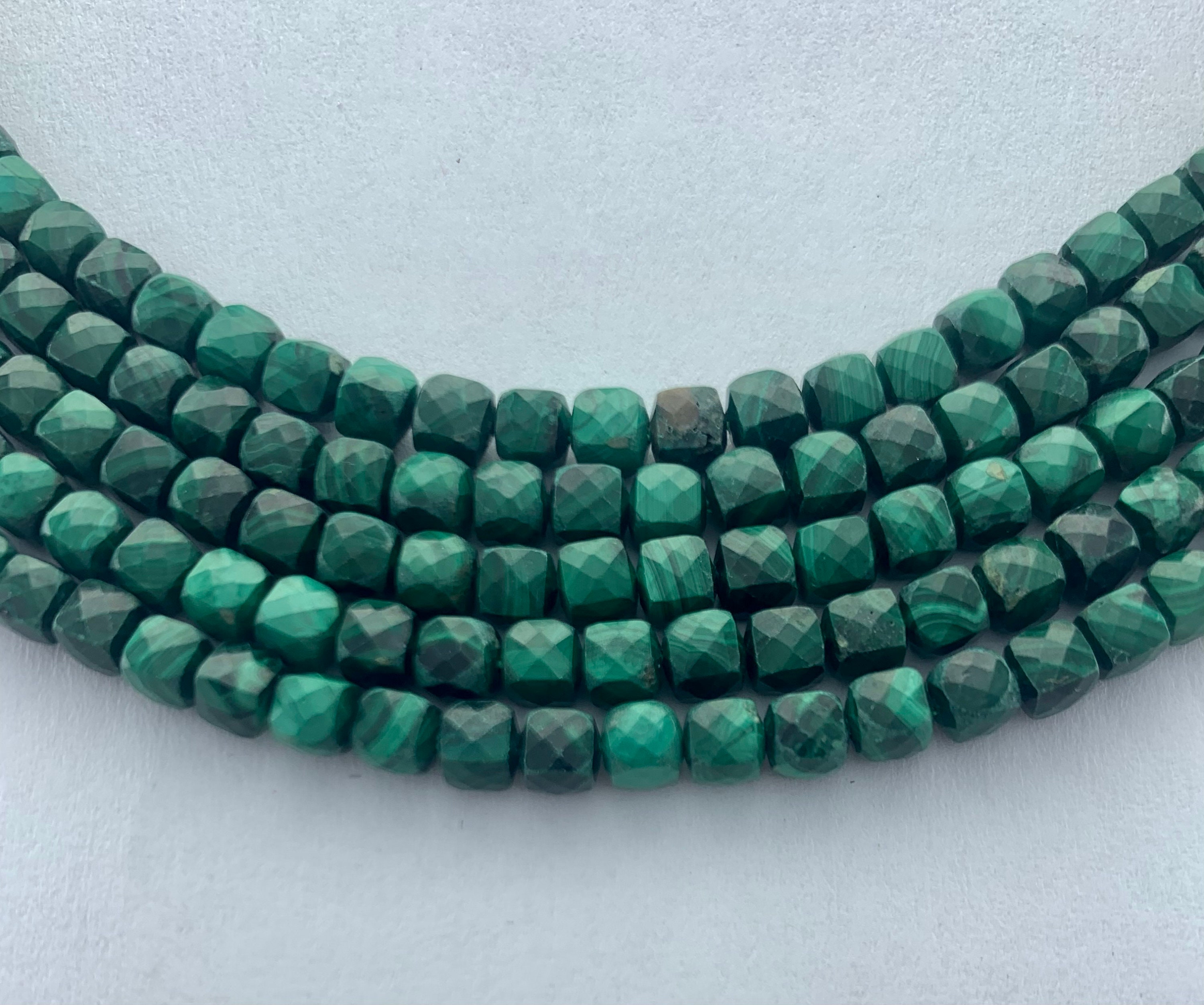 4mm Malachite Precision Faceted Cube Gemstone Beads.  15" Strands Of High Quality Faceted Cubes, Approximately 86 Per Strand.