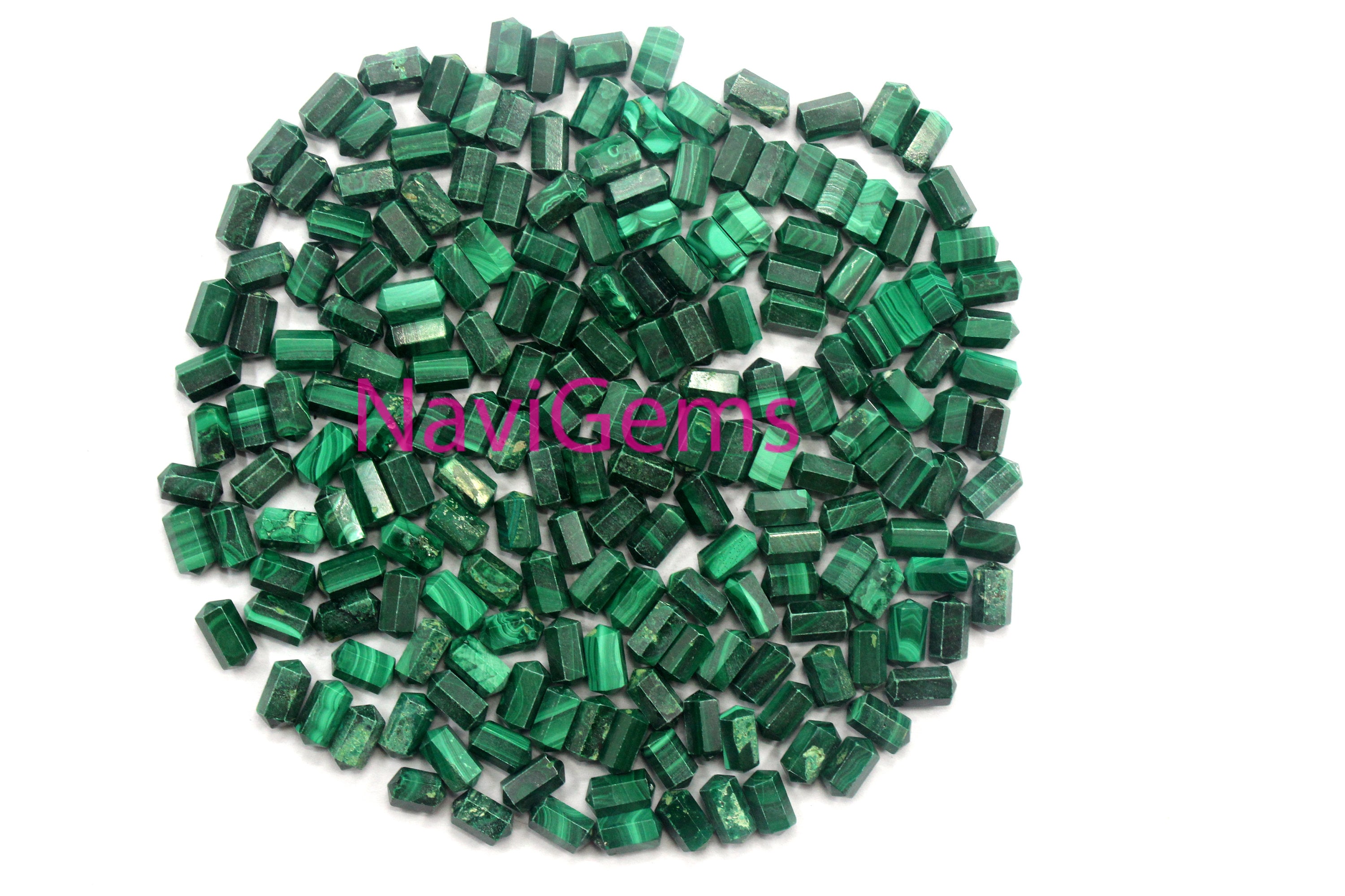 5 Faceted Malachite Pencil Beads: Natural Gemstone Pendants (5x10 Mm) 5 Faceted Malachite Pencil Beads: Natural Gemstone Pendants (5x10 Mm)