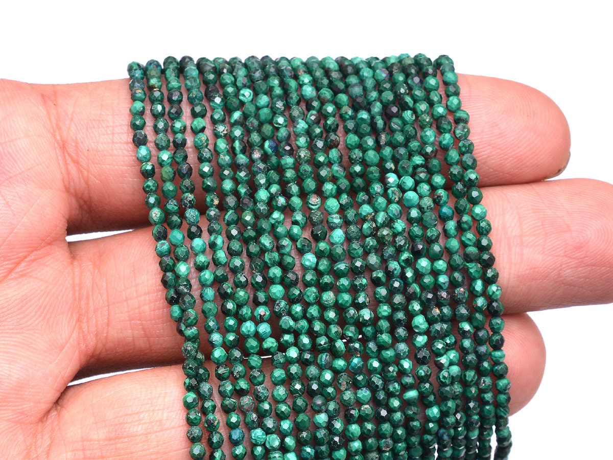 Aaa+ Malachite Gemstone 2mm-3mm Micro Faceted Beads | Natural Malachite Semi Precious Gemstone Loose Beads For Jewelry Making | 13" Strand