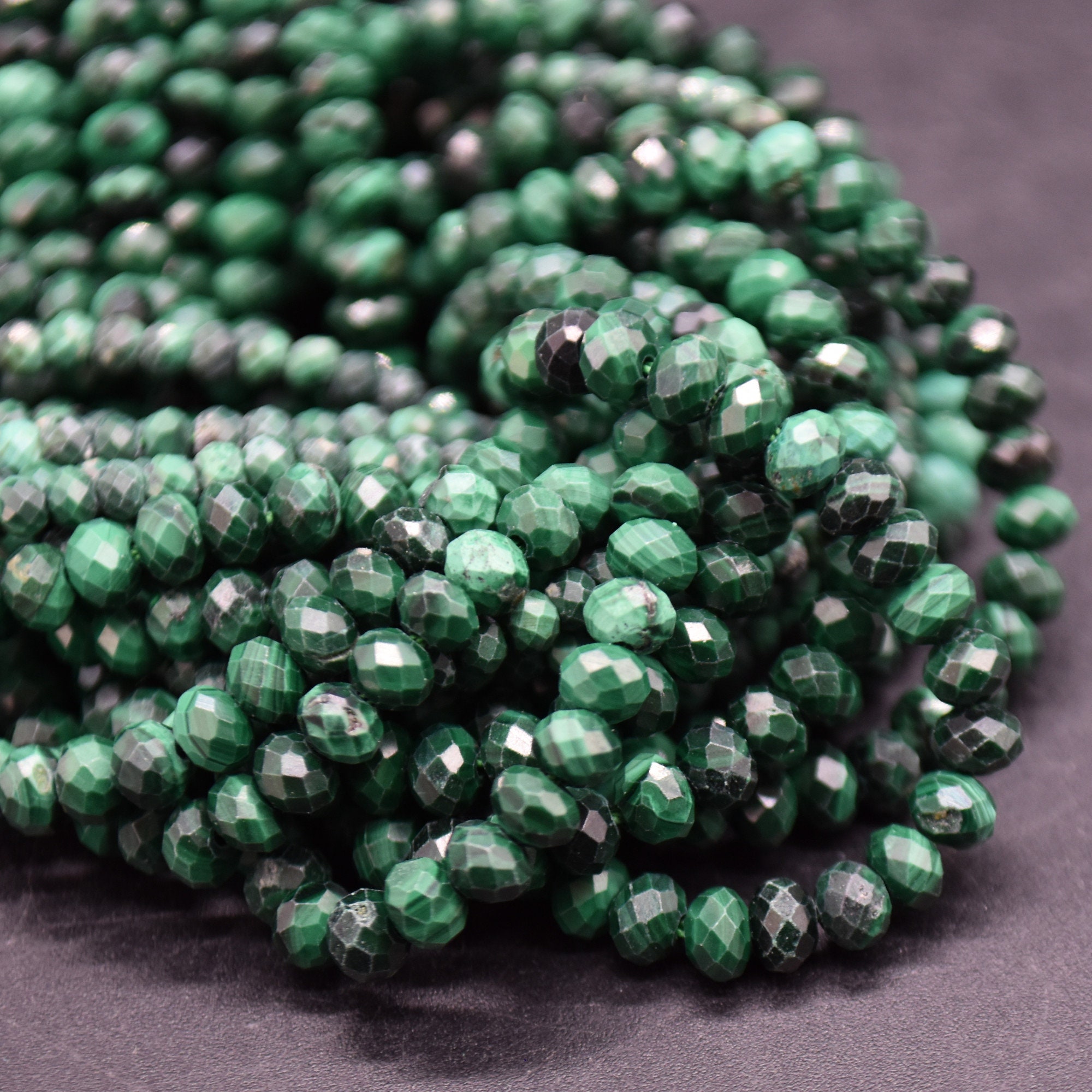 Malachite Gemstone Faceted Rondelle Spacer Beads - 3mm Or 4mm Sizes - 15"strand