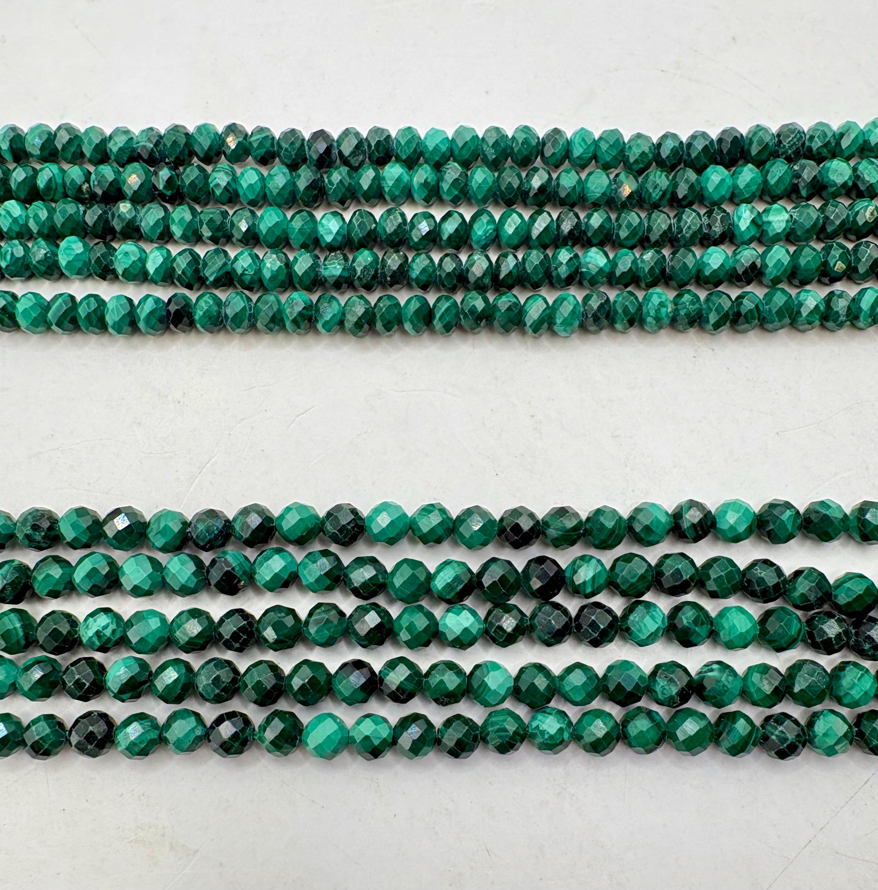 Natural 4mm Faceted Round Or Rondelle Malachite Beads. 15” Strand Of Either Round Or Rondelle Beads. Low Energy, Soothing Stone. Natural 4mm Faceted Round Or Rondelle Malachite Beads. 15” Strand Of Either Round Or Rondelle Beads. Low Energy, Soothing Stone.