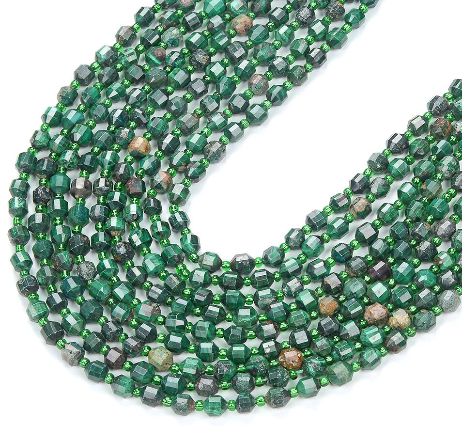 Natural Malachite Gemstone Faceted Prism Double Point Cut 5mm 6mm Loose Beads (d342) Natural Malachite Gemstone Faceted Prism Double Point Cut 5mm 6mm Loose Beads (d342)
