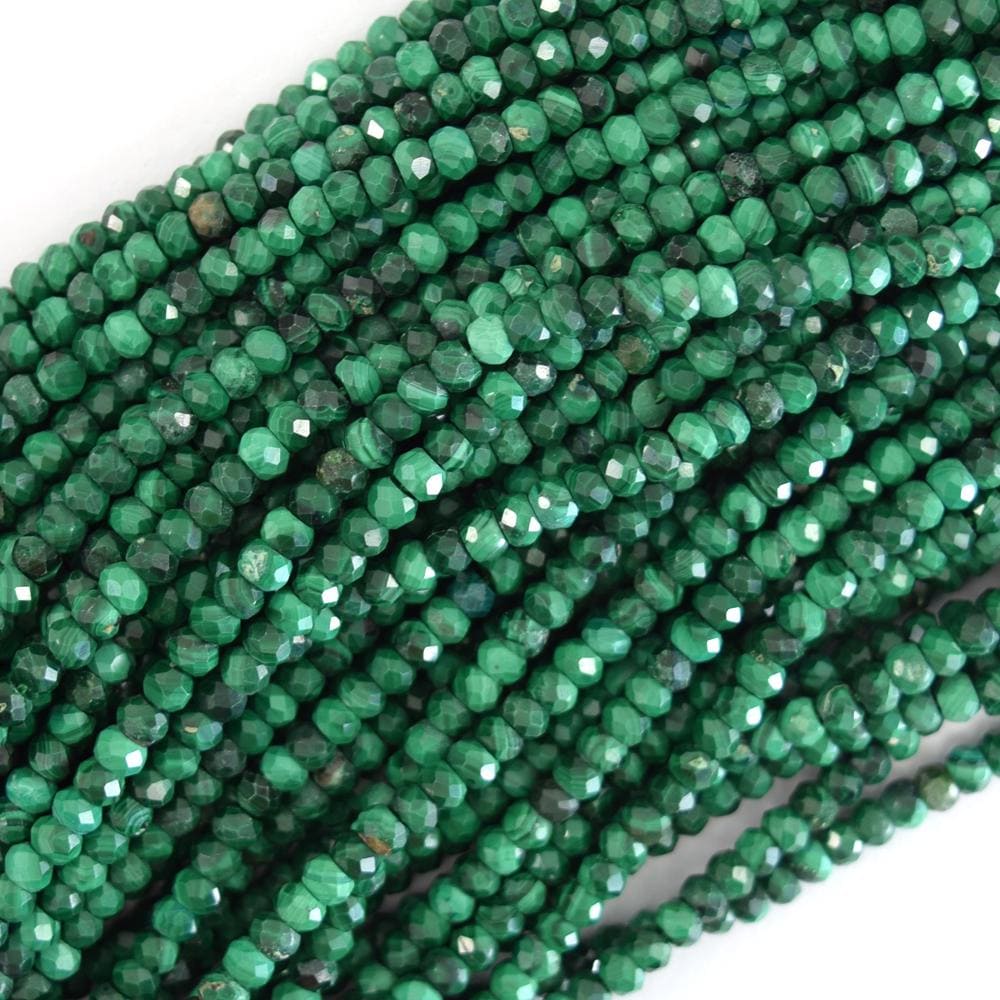 Natural Micro Faceted Green Malachite Rondelle Button Beads 15.5" Strand 3mm 4mm