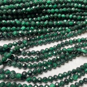 Natural Malachite Faceted Round Shape Gemstone Beads Size-4 mm, 15 Inch Strand For Making Jewelry