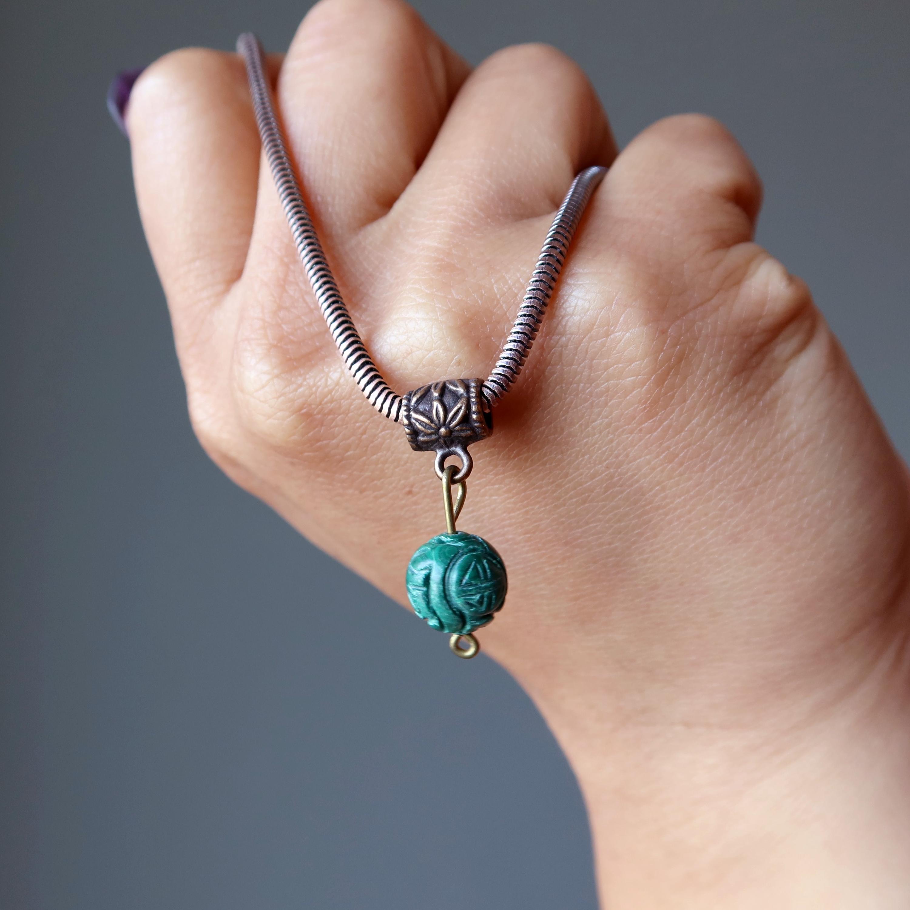 Malachite Necklace Carving Genuine Green Gemstone Antique Copper Chain