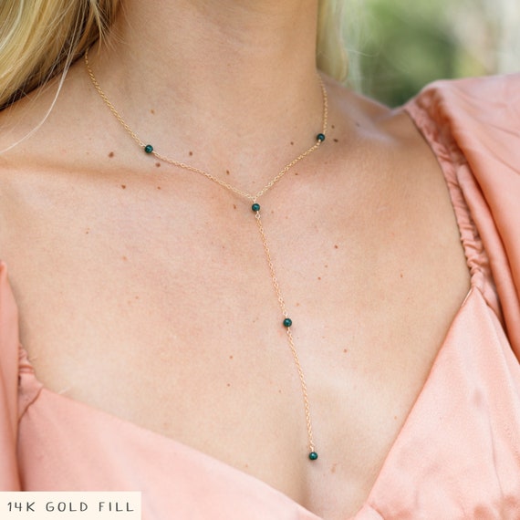 Dainty Malachite Crystal Lariat Necklace, Y Necklace, Boho Gemstone Jewelry, Adjustable, Handcrafted, Gift For Her