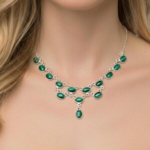 Green Malachite 925 Sterling Silver Real Gemstone Necklace, Gemstone Choker, Statement Jewelry for Her