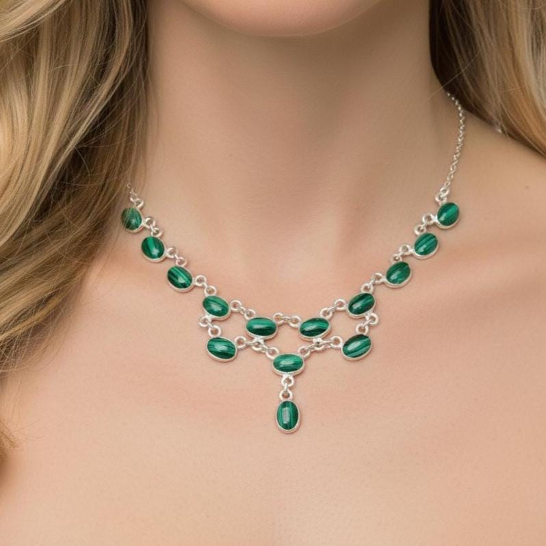 Green Malachite 925 Sterling Silver Real Gemstone Necklace, Gemstone Choker, Statement Jewelry For Her