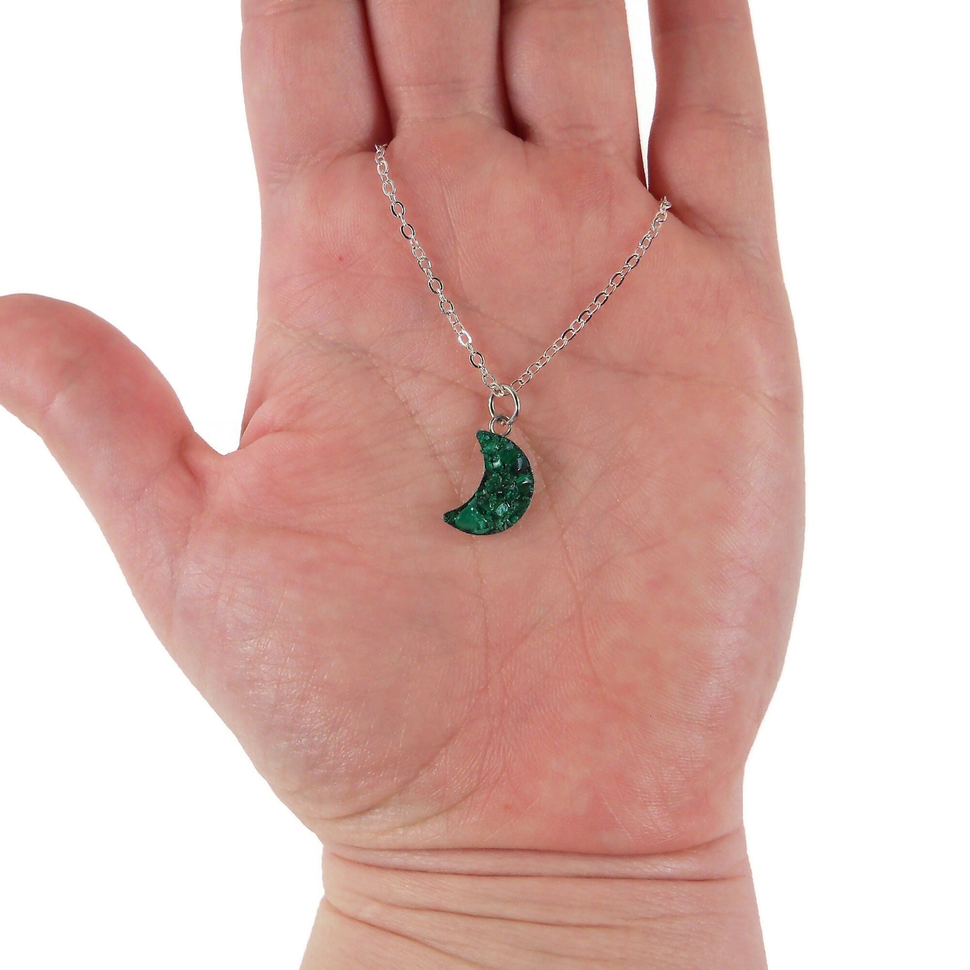 Green Malachite Moon Silver Plated Necklace 18" Crushed Stone