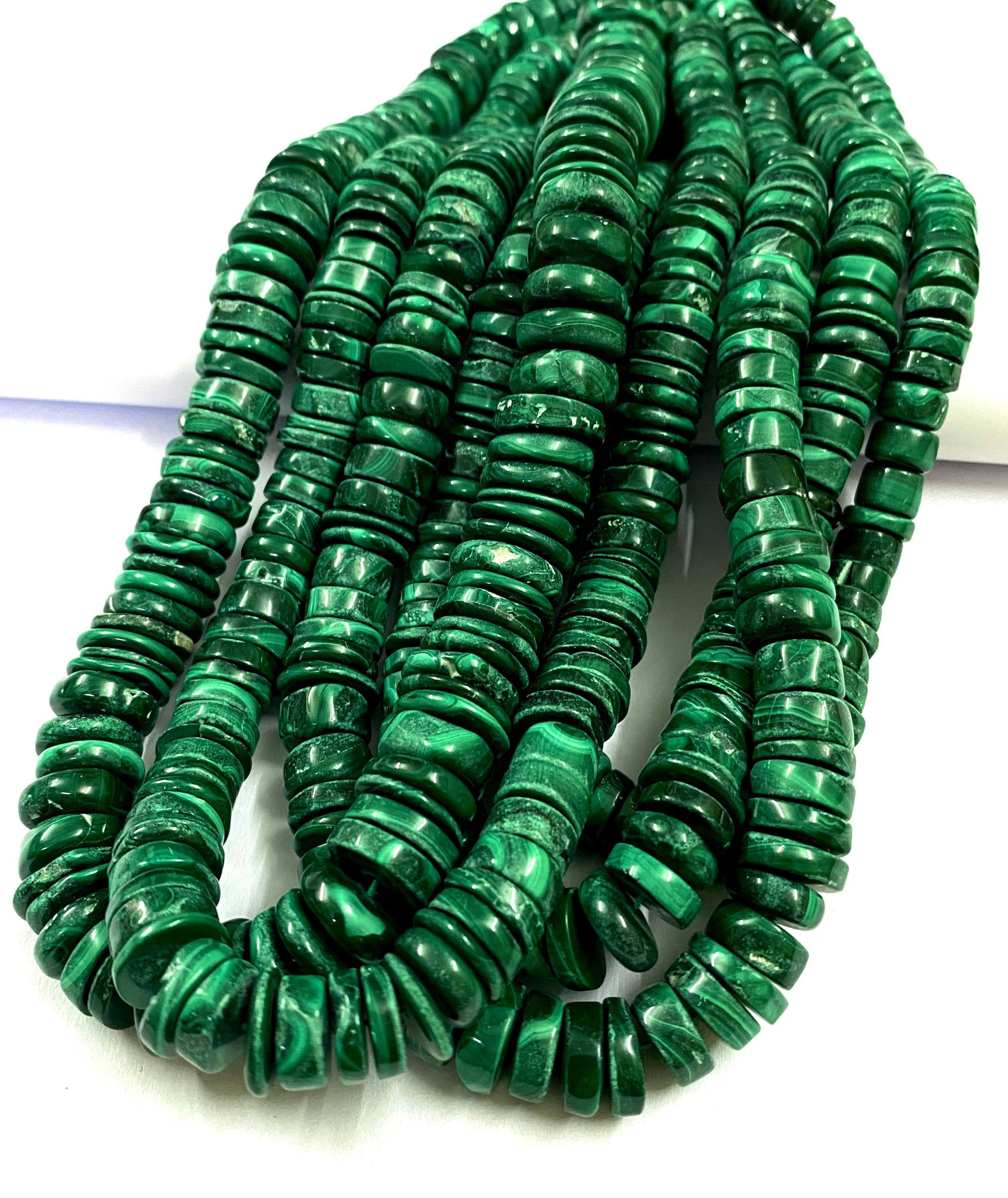 Green Malachite Smooth Tyre Beads 5 / 6mm Natural Green Malachite Gemstone Beads Green Malachite Smooth Flat Rondelle Beaded Necklaces