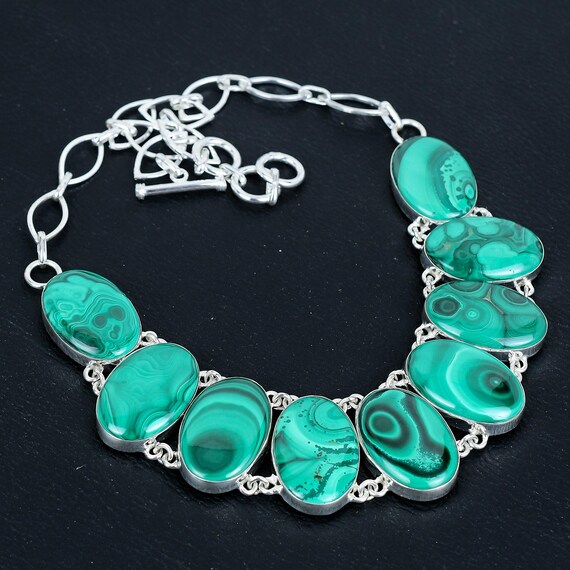 Handmade Malachite Necklace: 925 Sterling Silver Adjustable Chain
