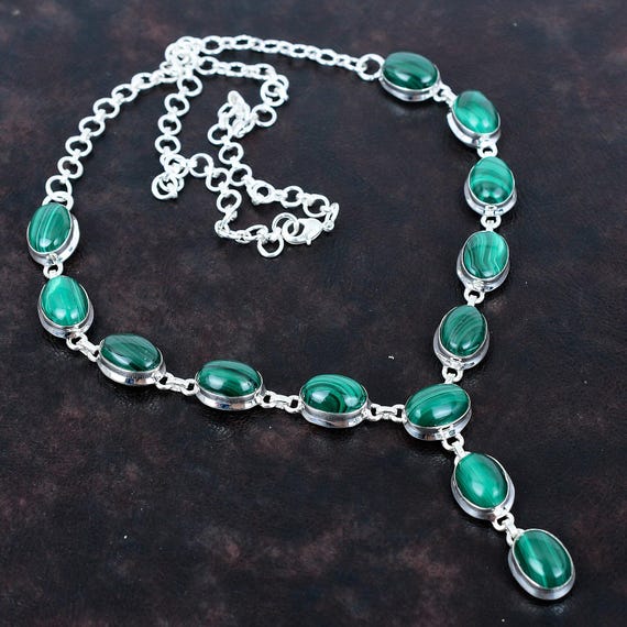 Handmade Malachite Necklace: 925 Sterling Silver Adjustable Chain