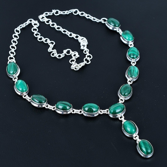 Handmade Malachite Necklace: 925 Sterling Silver, Adjustable Chain