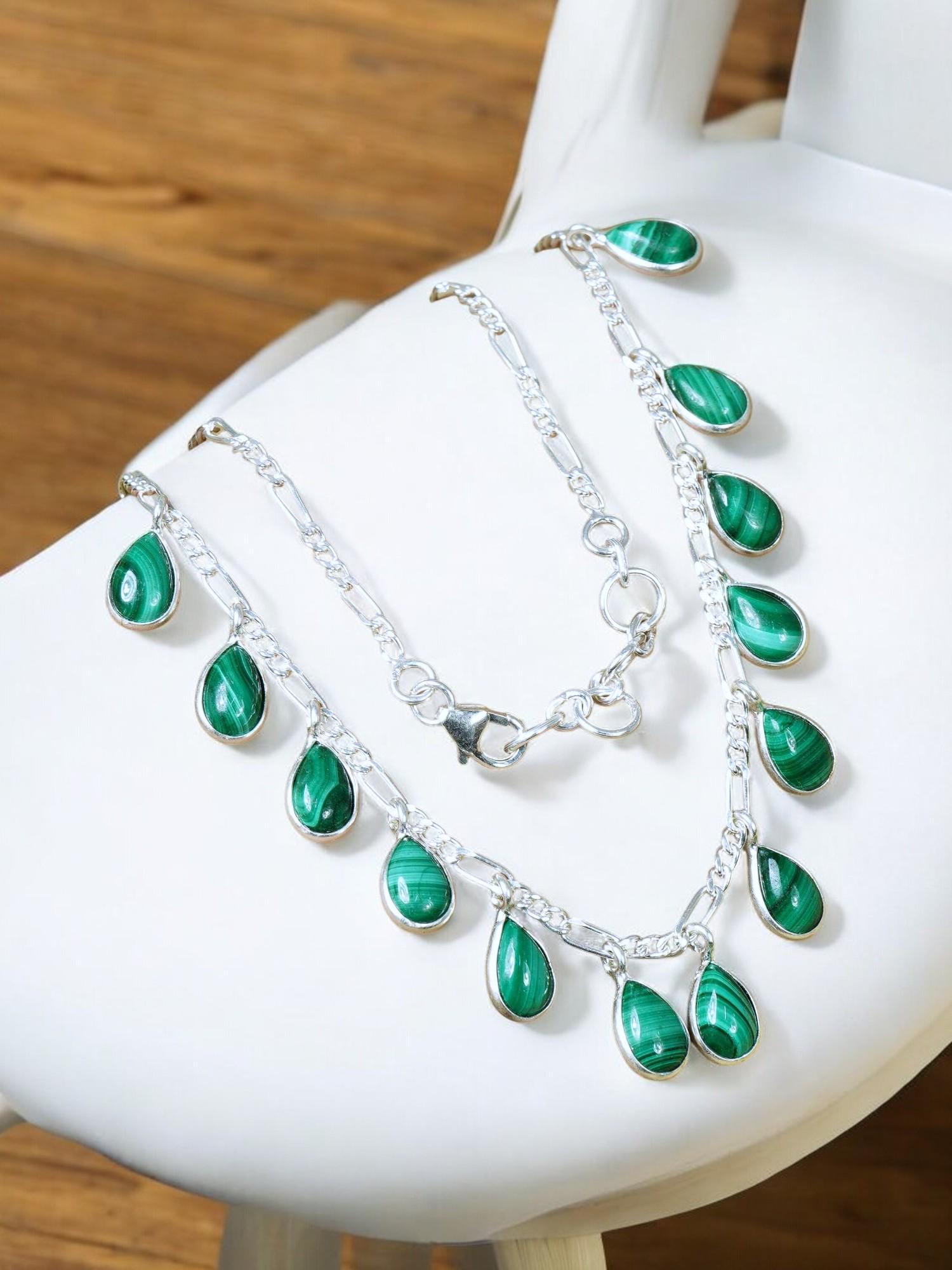Handmade Sterling Silver Malachite Teardrop Dangle Necklace