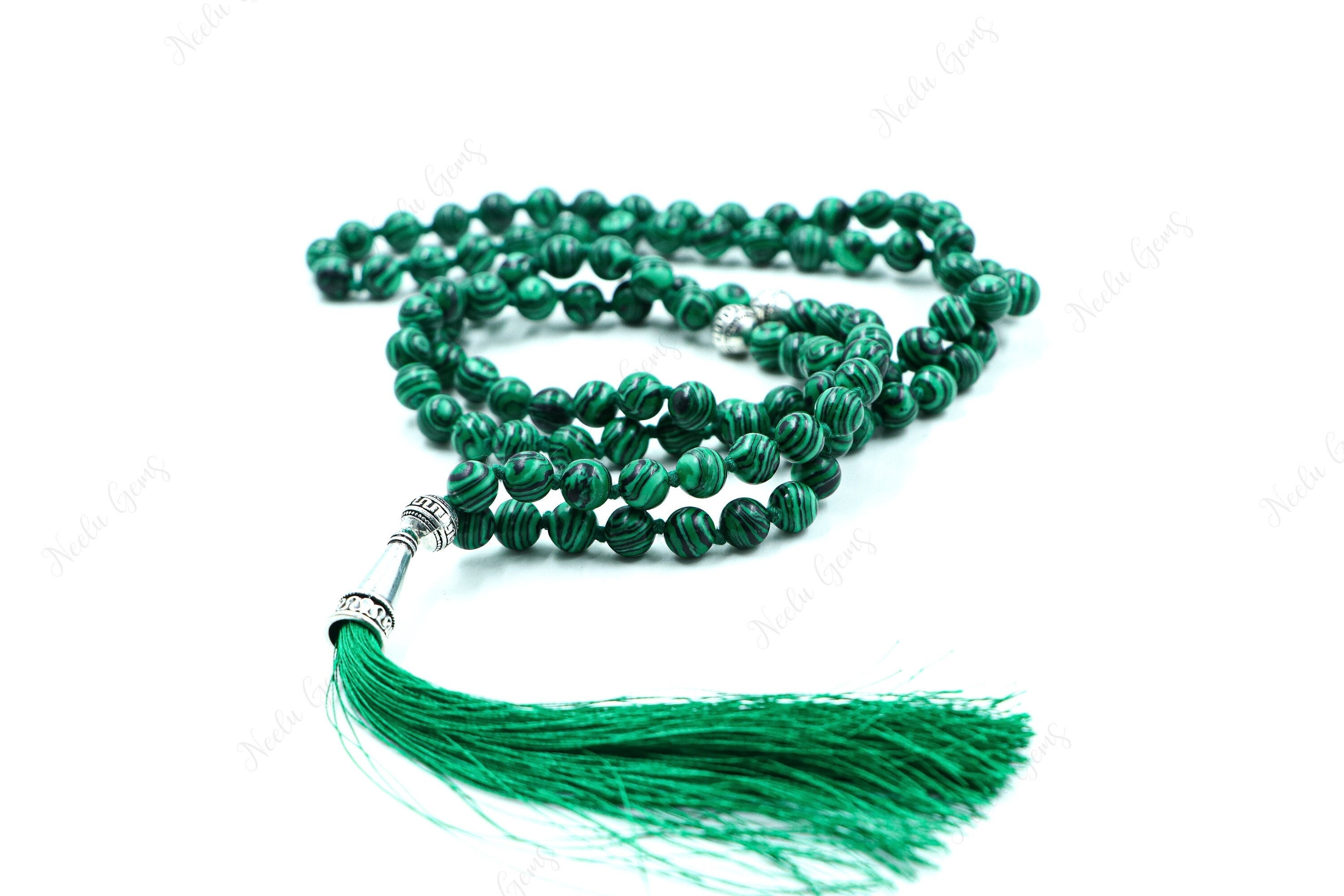 Malachite Mala Necklace 108 Beads Hand Knotted, Green Gemstone Tassel Necklace, Heart Chakra Healing Crystal, Yoga Meditation Prayer Beads