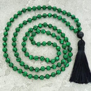 Malachite Mala Necklace, Green Tassel Necklace, Green Long Necklace, 8mm Hand Knotted Necklace, Yoga Jewelry, Malachite Beaded Necklace
