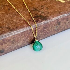 Malachite Necklace, Minimalist Green Malachite Necklace, Dark Green Teardrop Necklace Gold or Silver, Dainty Simple Layering Boho Necklace