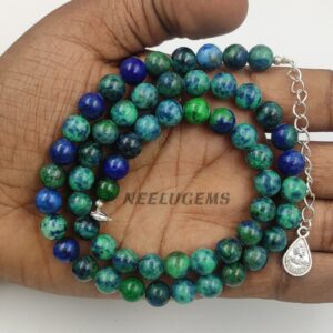 Natural Azulite Malachite Beaded Necklace, 8mm Round Stone Jewelry, Blue Green Earthy Gemstone Choker, 18" Protection Gift, Gift For Her