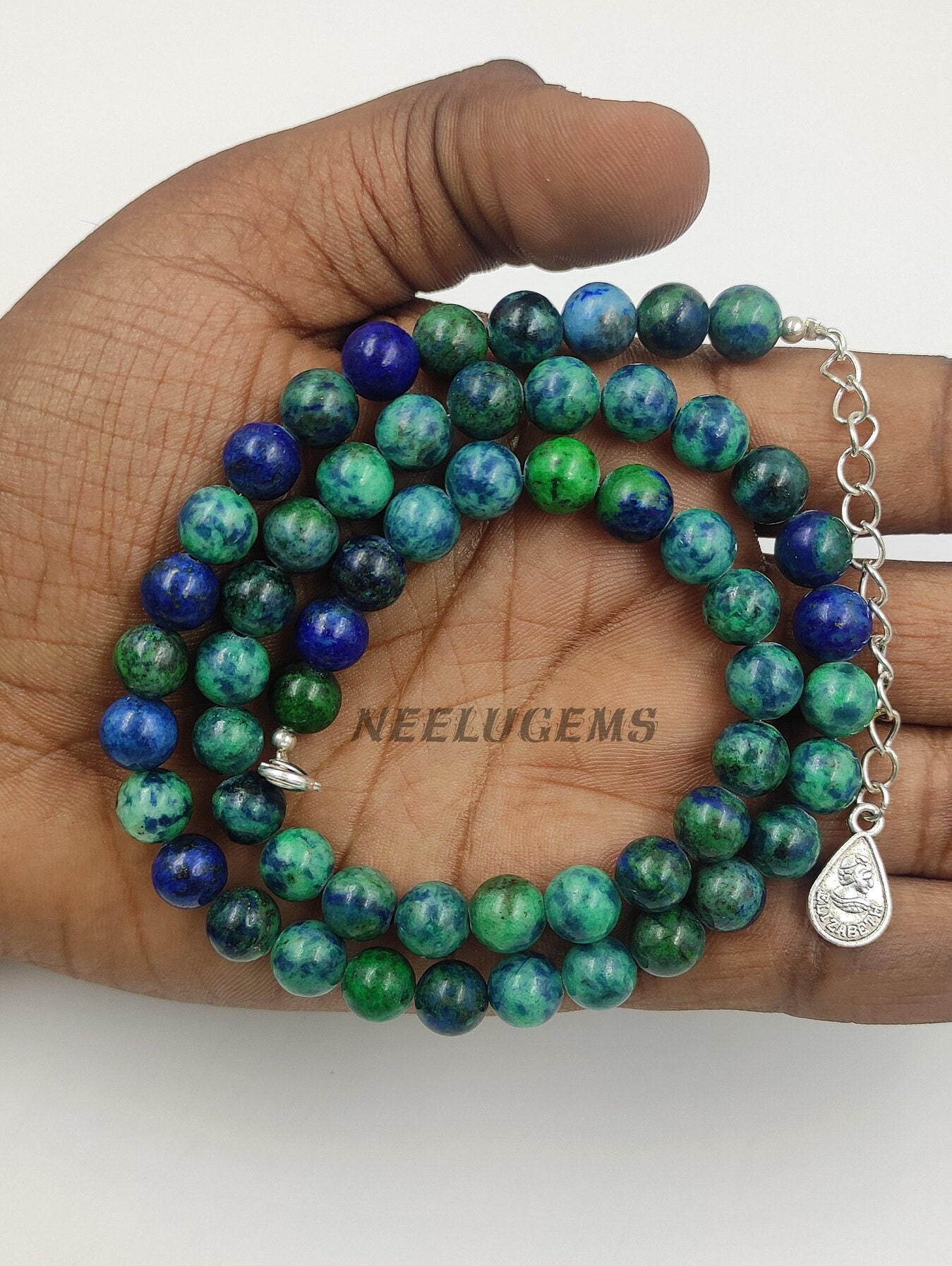 Natural Azulite Malachite Beaded Necklace, 8mm Round Stone Jewelry, Blue Green Earthy Gemstone Choker, 18" Protection Gift, Gift For Her