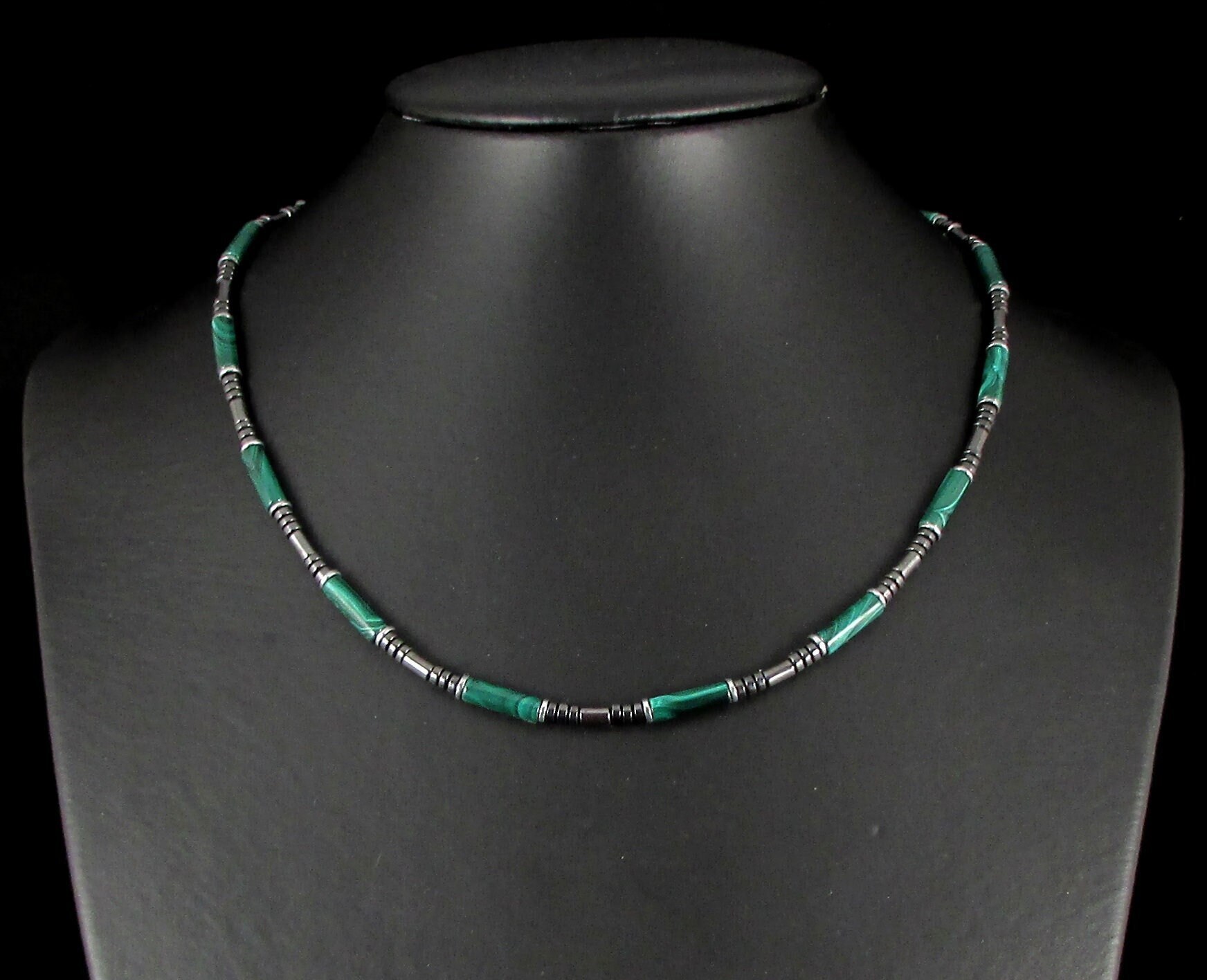 Natural Malachite Mens Necklace, Gift For Men, Mens Gemstone Necklace, Mens Beaded Necklace, Malachite Mens Necklace, Mens Choker + Gift Box
