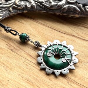Natural Malachite Sterling Silver Sun Necklace, Unique One Of A Kind Handmade Artisan