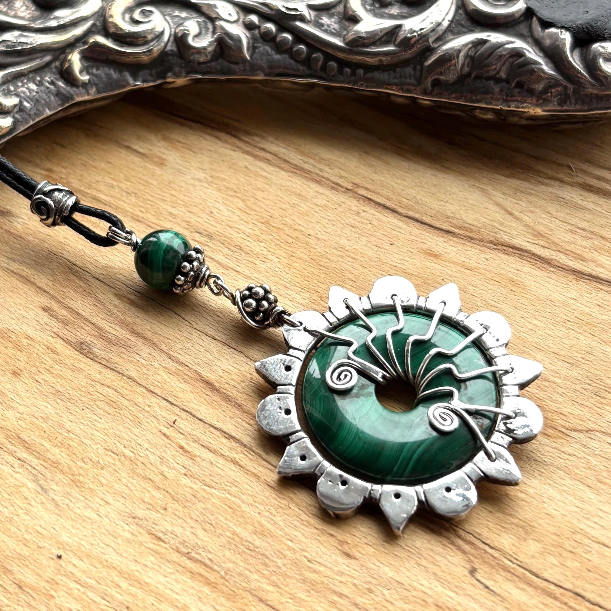 Natural Malachite Sterling Silver Sun Necklace, Unique One Of A Kind Handmade Artisan