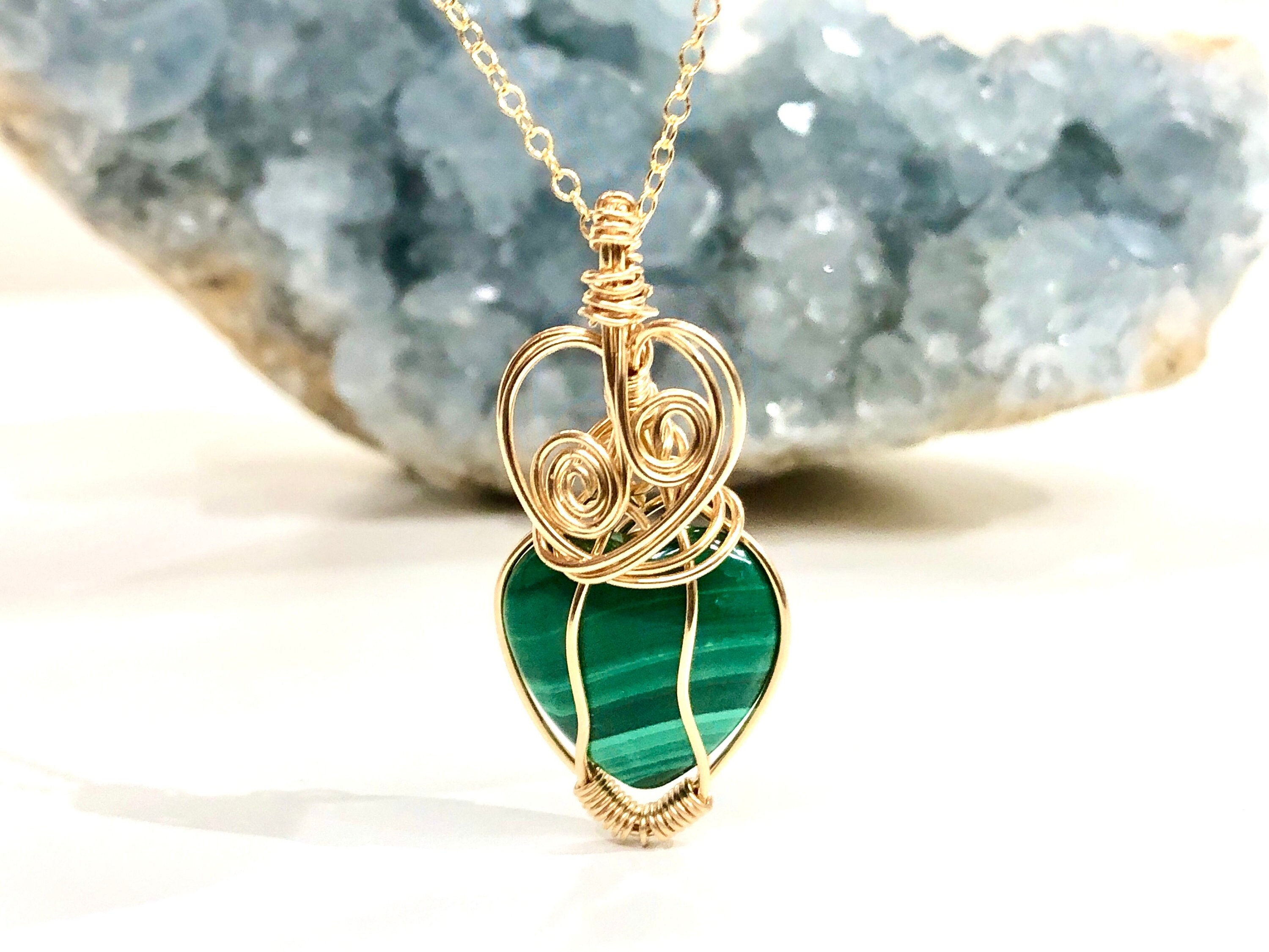Real Malachite Heart 14k Yellow Goldfill Wire-wrapped Necklace - Heart Chakra Crystal - Genuine Malachite - Reiki Jewelry - Healing Stones