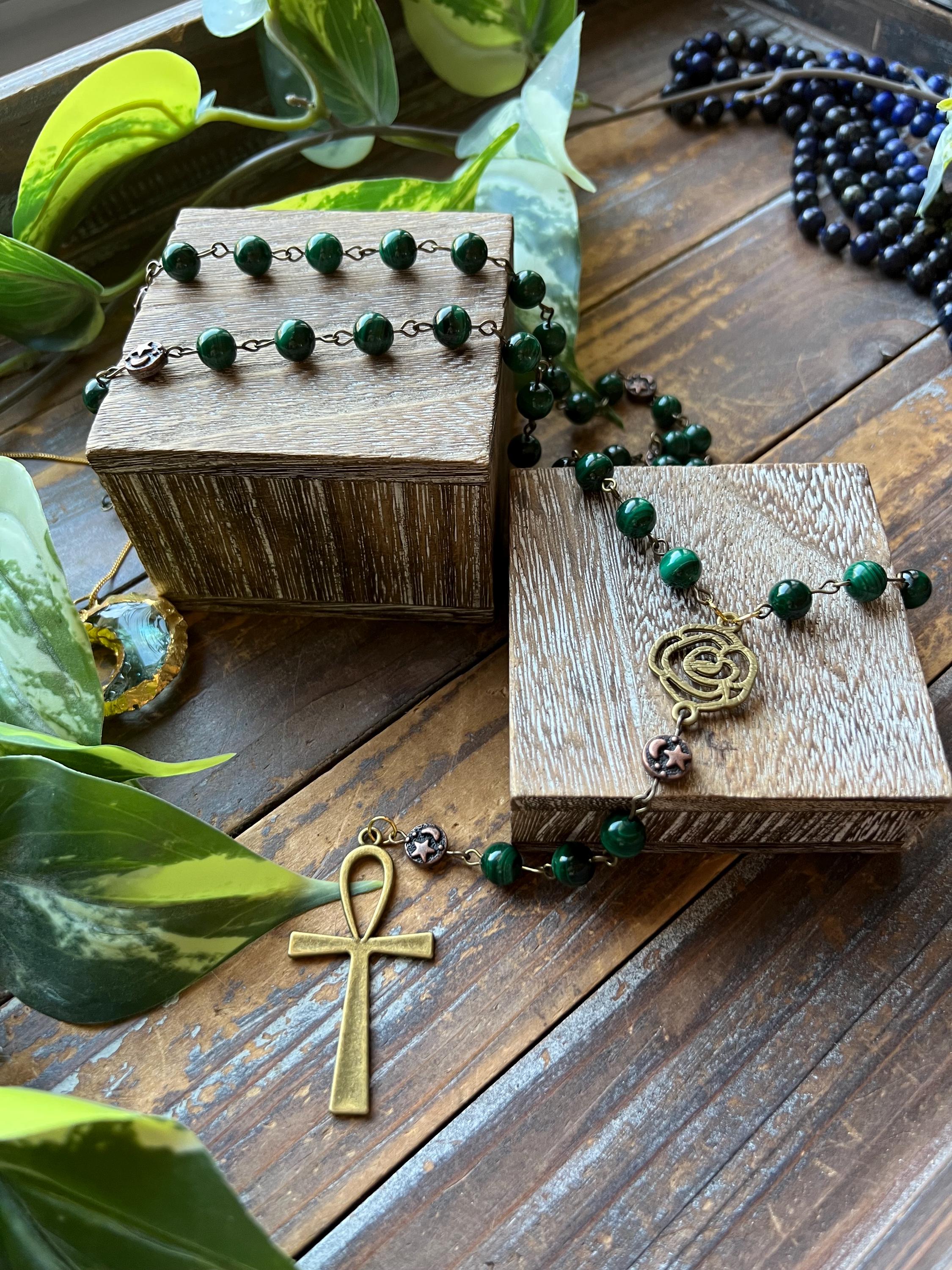 Malachite Rosary - Attuned To Goddess Hathor - Prayer Beads, Crystals, Mala, Jewelry, Necklace