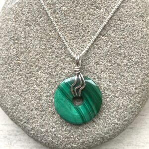 Small Malachite Donut Necklace, 20mm Pi Stone . Quality Sterling Silver Wire Wrapped Malachite, Copper Anniversary Gift.