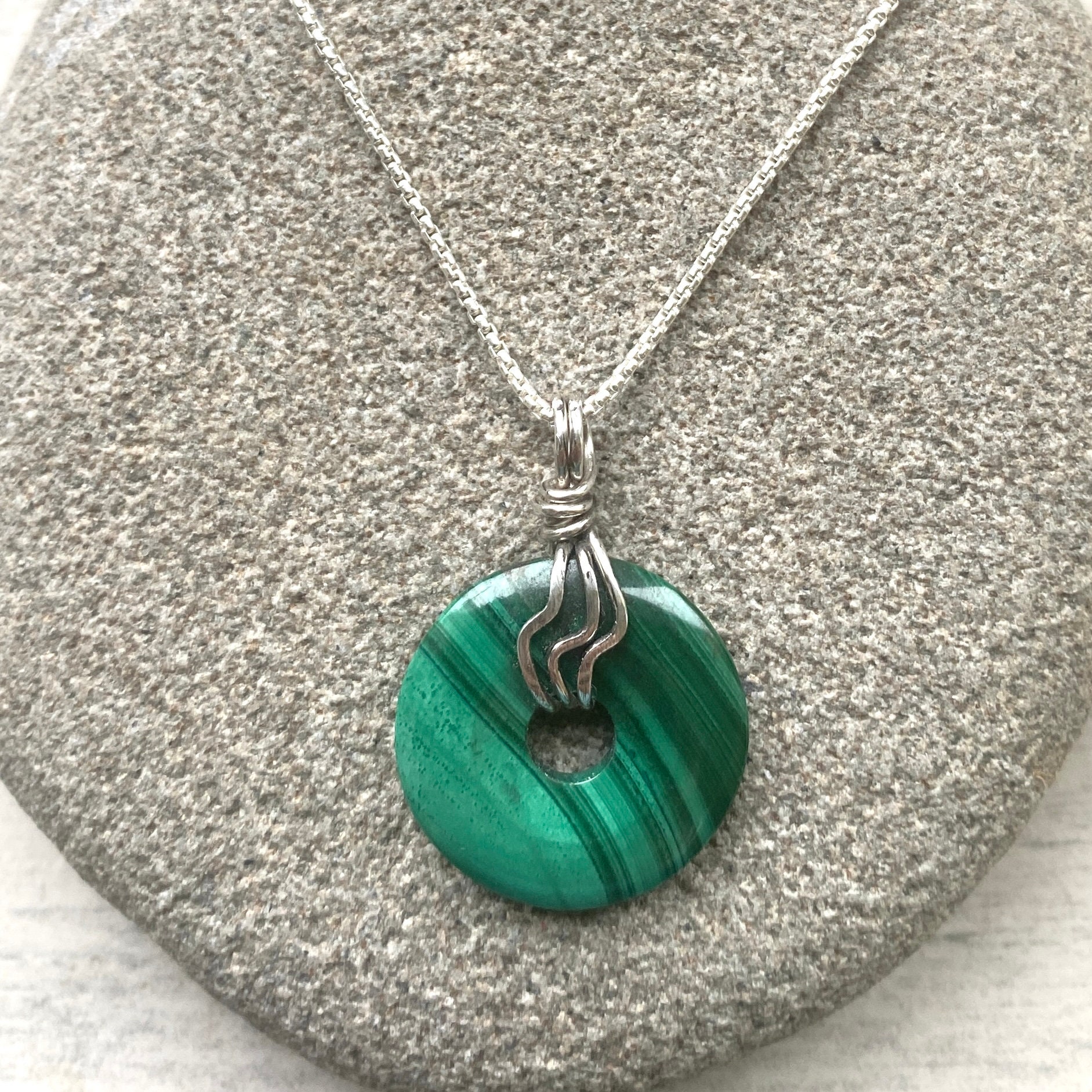 Small Malachite Donut Necklace, 20mm Pi Stone . Quality Sterling Silver Wire Wrapped Malachite, Copper Anniversary Gift.