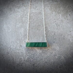 Sterling Silver Malachite Necklace • 925 Silver Gemstone Bar • Green Banded Stone , Genuine MalachiteJewelry •  Affordable Gift for Her