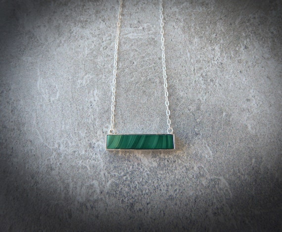 Sterling Silver Malachite Necklace • 925 Silver Gemstone Bar • Green Banded Stone , Genuine Malachitejewelry • Affordable Gift For Her