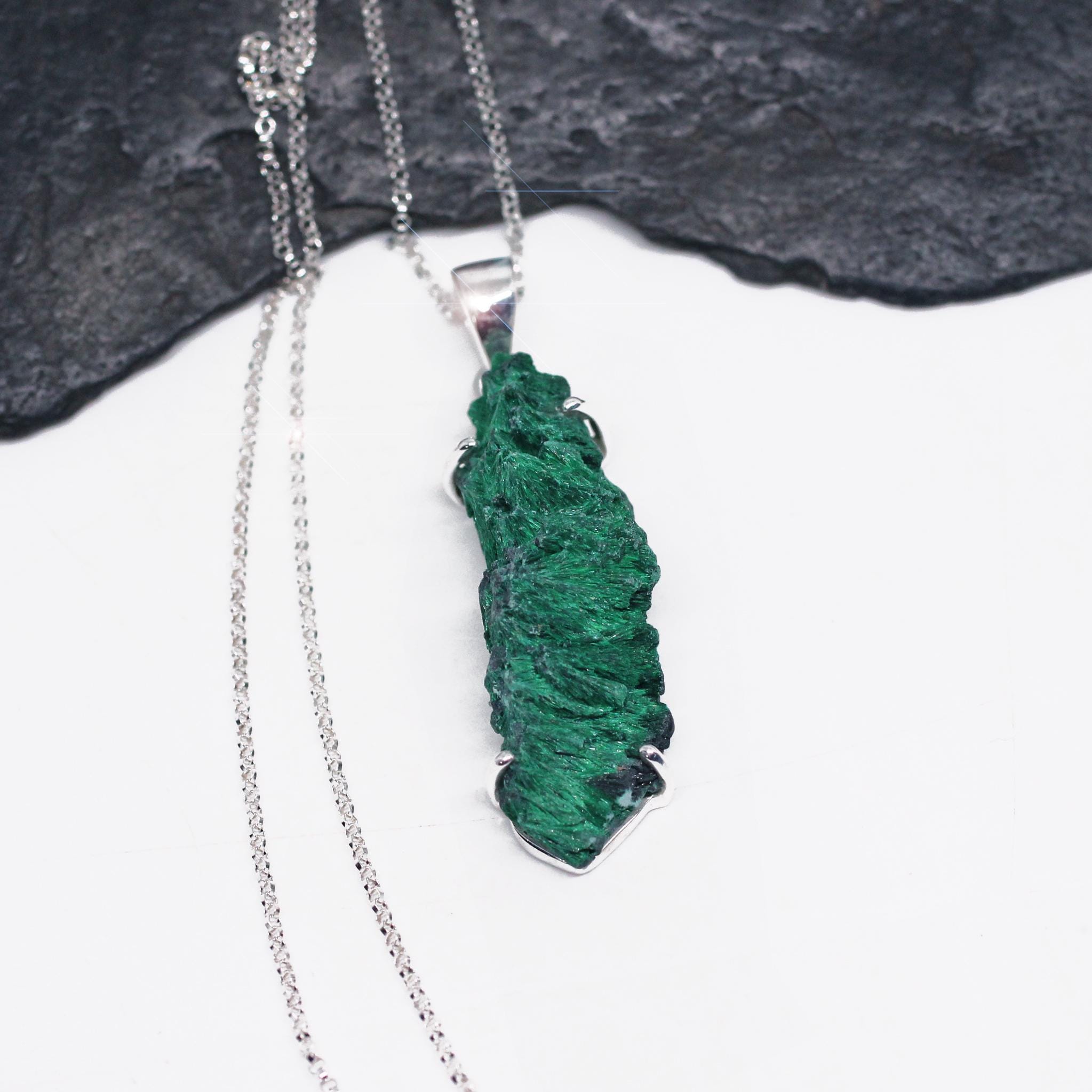 The Glory Of Green -  Natural Rare Velvet Malachite Chunk Sterling Silver Necklace